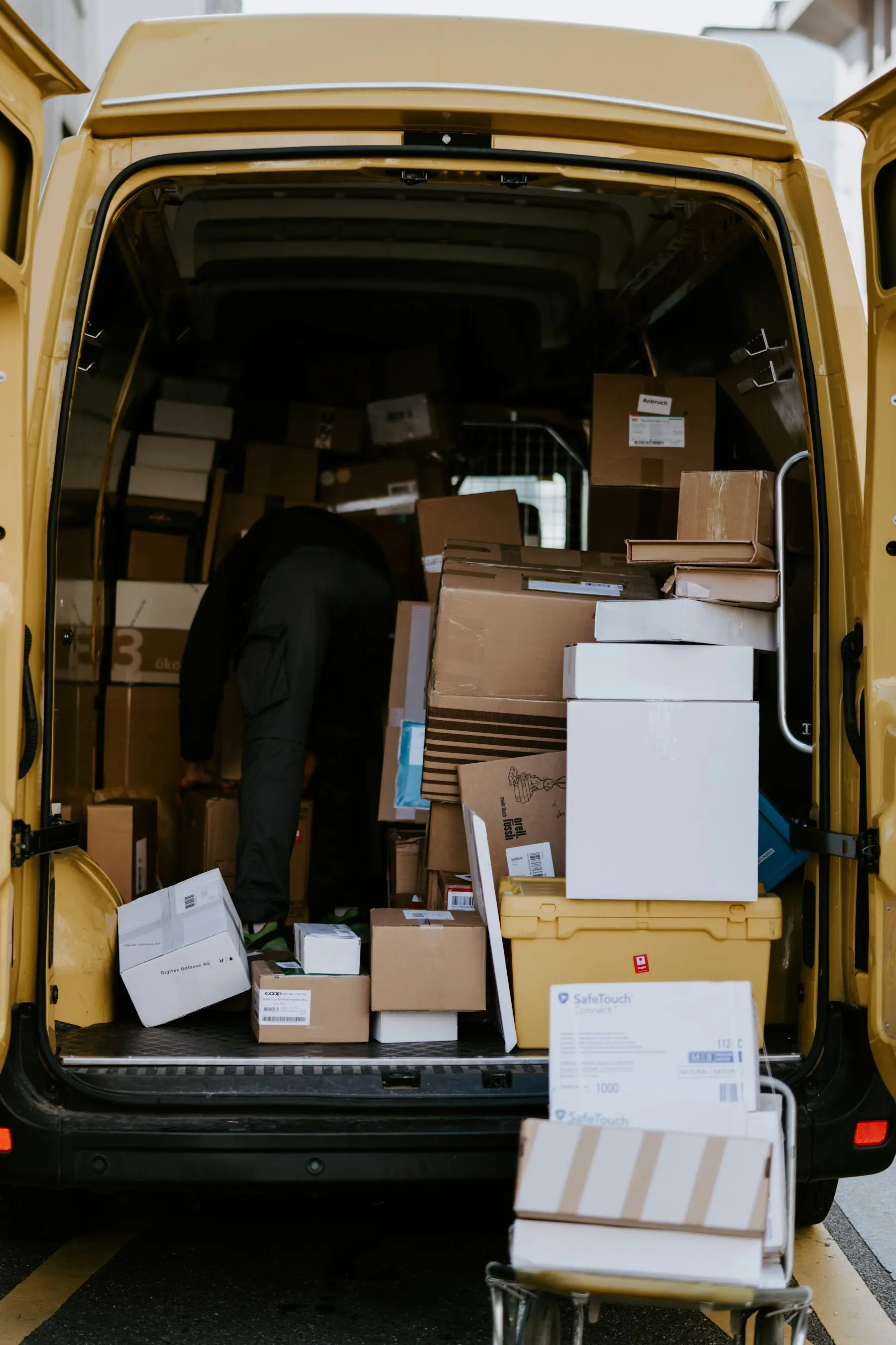 Parcels loaded in the back of a Stedfasts delivery van